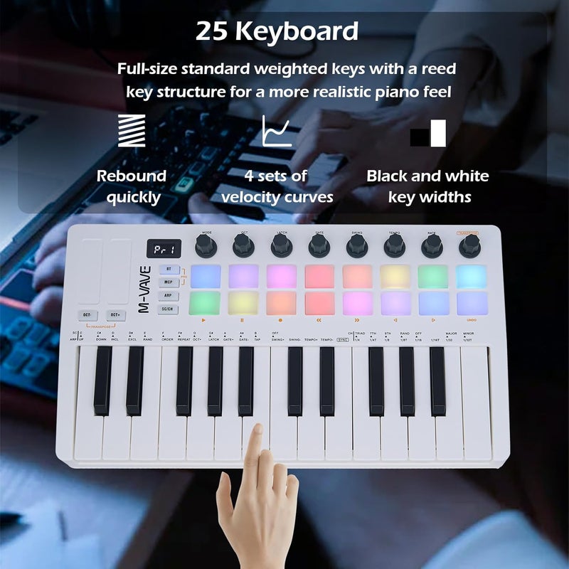 M-VAVE 25 مفتاح 16 وسادة درام مضاءة MIDI لوحة مفاتيح – صانع إيقاعات محترف و Keytar لإنتاج الموسيقى على لوحة المفاتيح مع بطارية مدمجة اتصال لاسلكي أبيض - Image 5